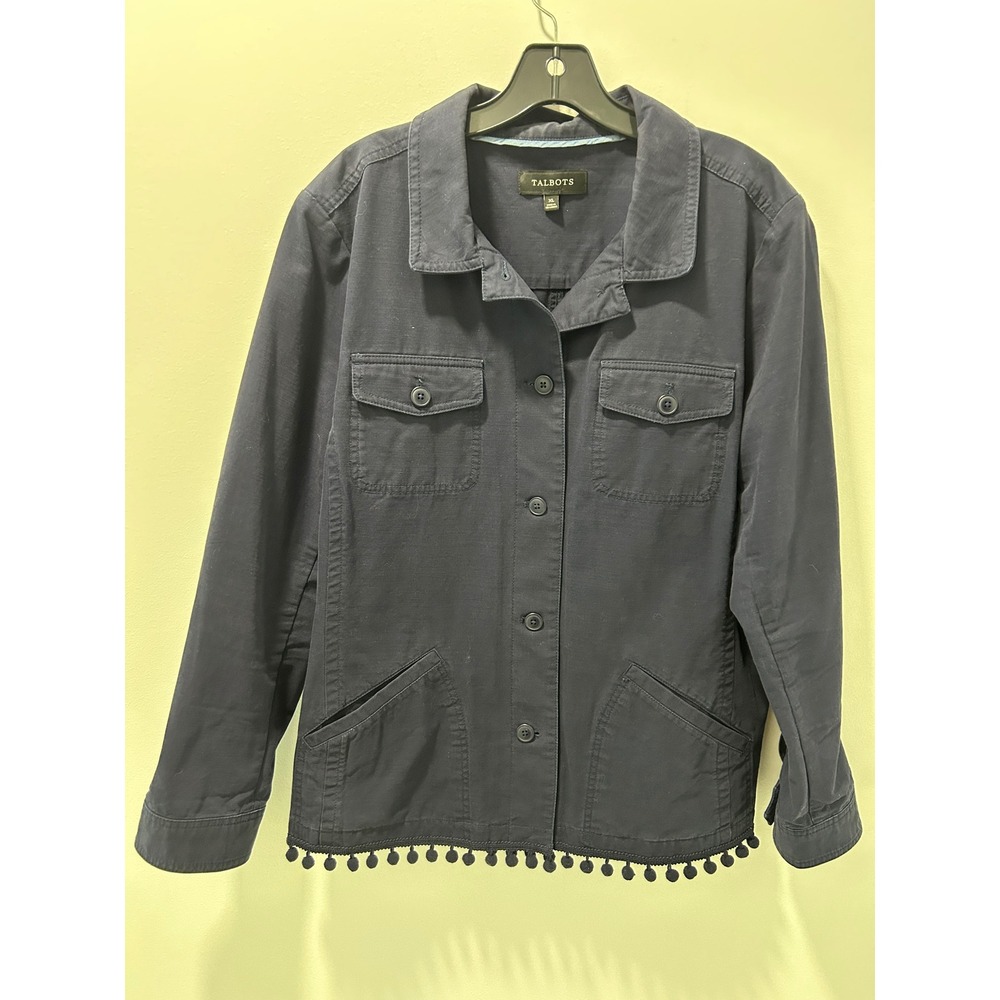 Talbots Navy Blue 100% Cotton Pom Pom Trim Utility Field Jacket Womens XL LK4907
